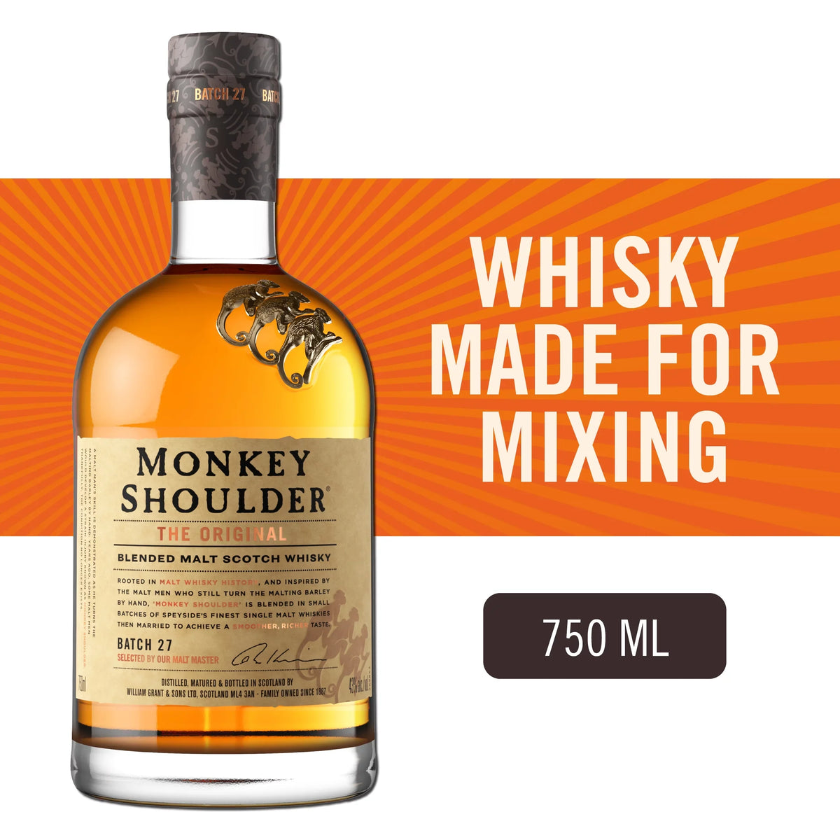 Glass Shoulder Bottle, 86 ABV Monkey Whisky, Scotch Proof 750ml 43%