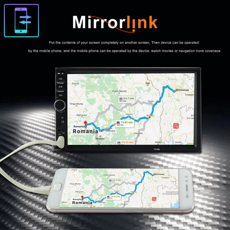 Receiver with USB FM Audio Din with Double Radio Backup Mirror Stereo Bluetooth Camera Screen and 7 Car Touch Radio Inch Car Control Remote Link