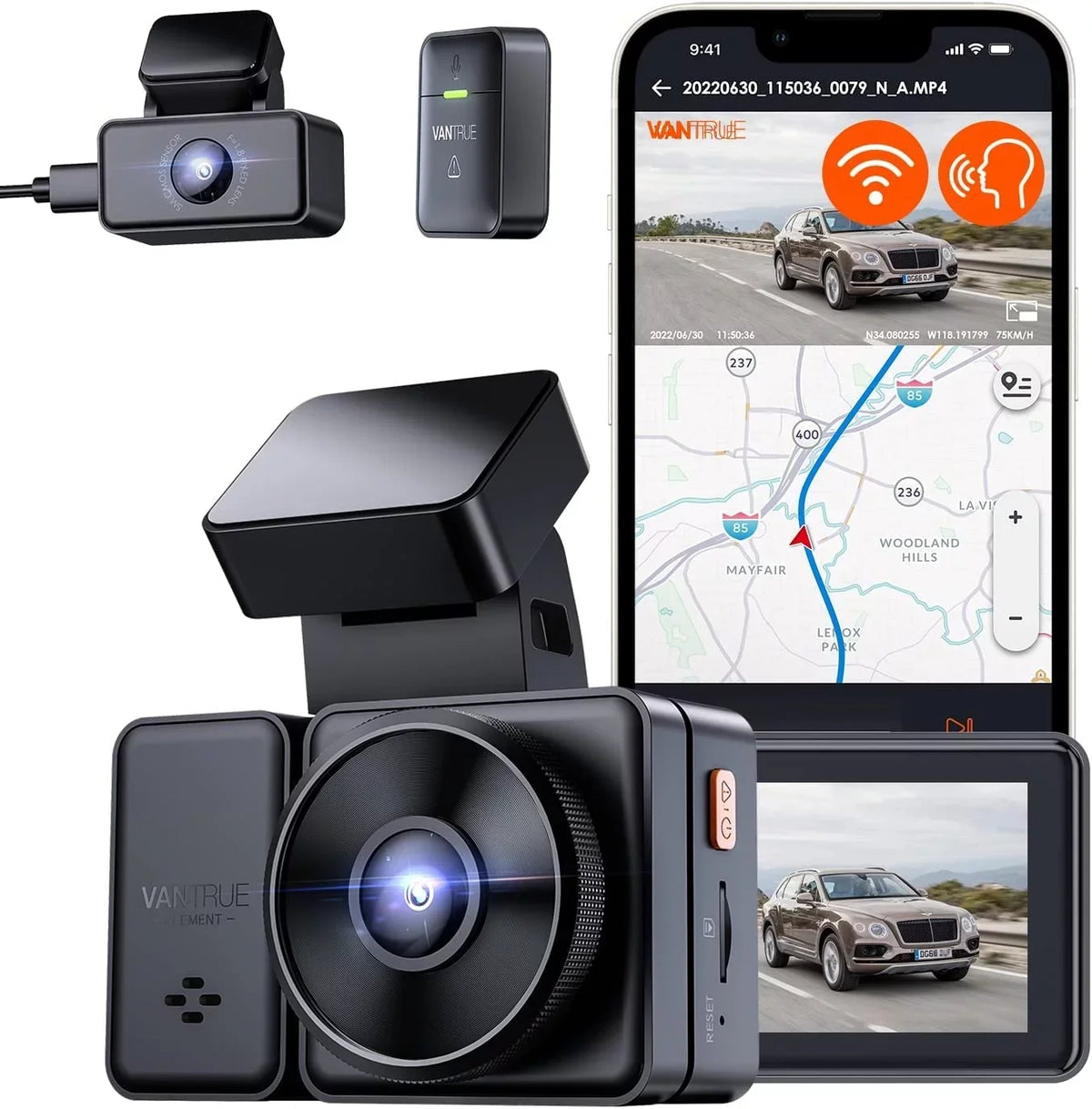 512GB GPS 1944P+1944P Control, Camera, Dash Cam Voice 2.5K Front E2 Motion Buffered with Vision, Detection, Car & Parking Night Mode, WiFi, 5G Dual Rear Capacitor, and Enhanced 24hrs Vantrue Support