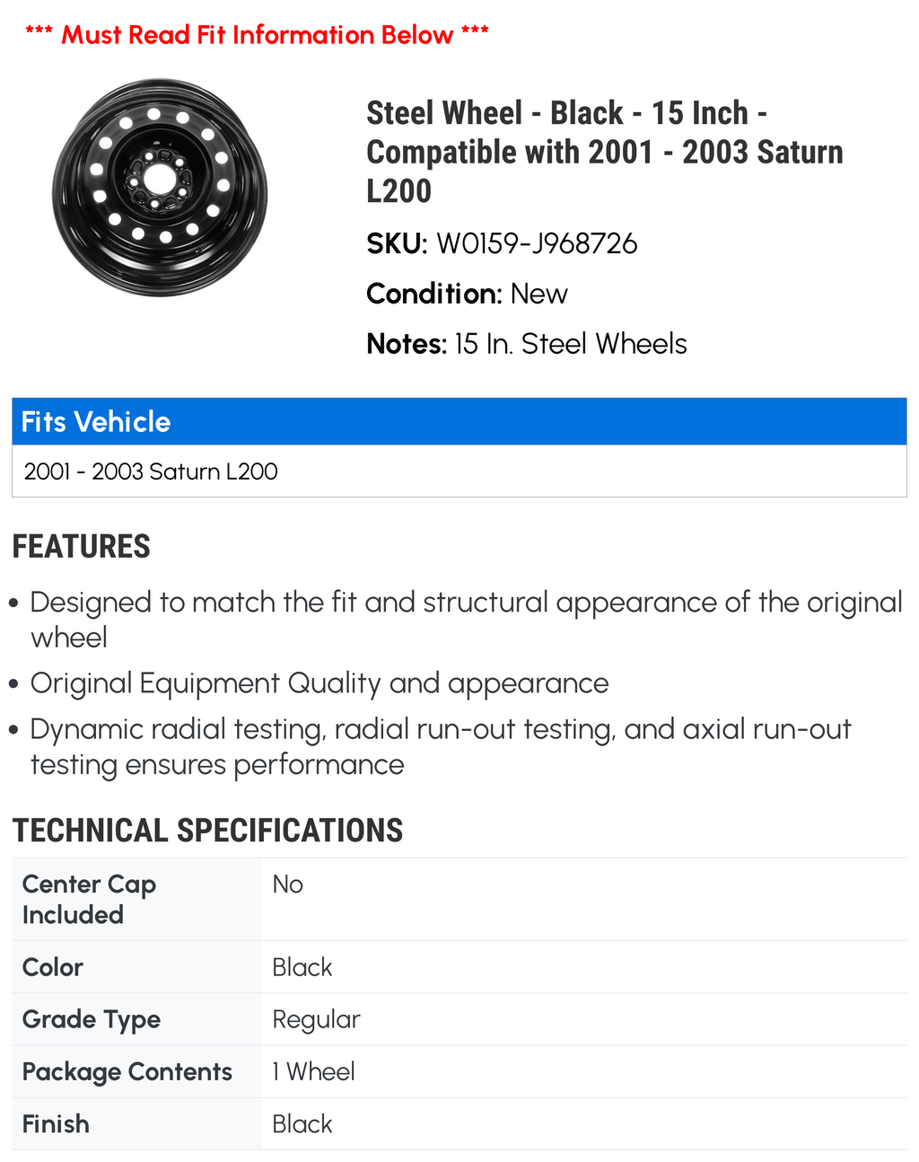 '- - Wheel Black 15 2003 L200 Inch 2002 - with Compatible Steel - Saturn 2001