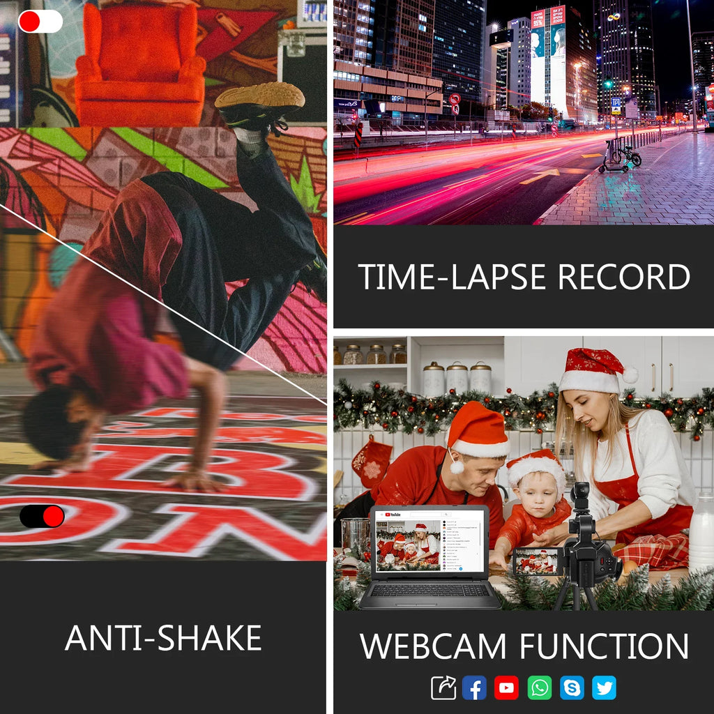 64MP with Focus Screen Zoom Digital Auto Touch 60FPS,HD Video Camera Card, Control MARVUE Remote 18X Charger, 4.0" Vlogging SD Stabilizer, 64G Camcorder 4K Handhold Microphone, Camera