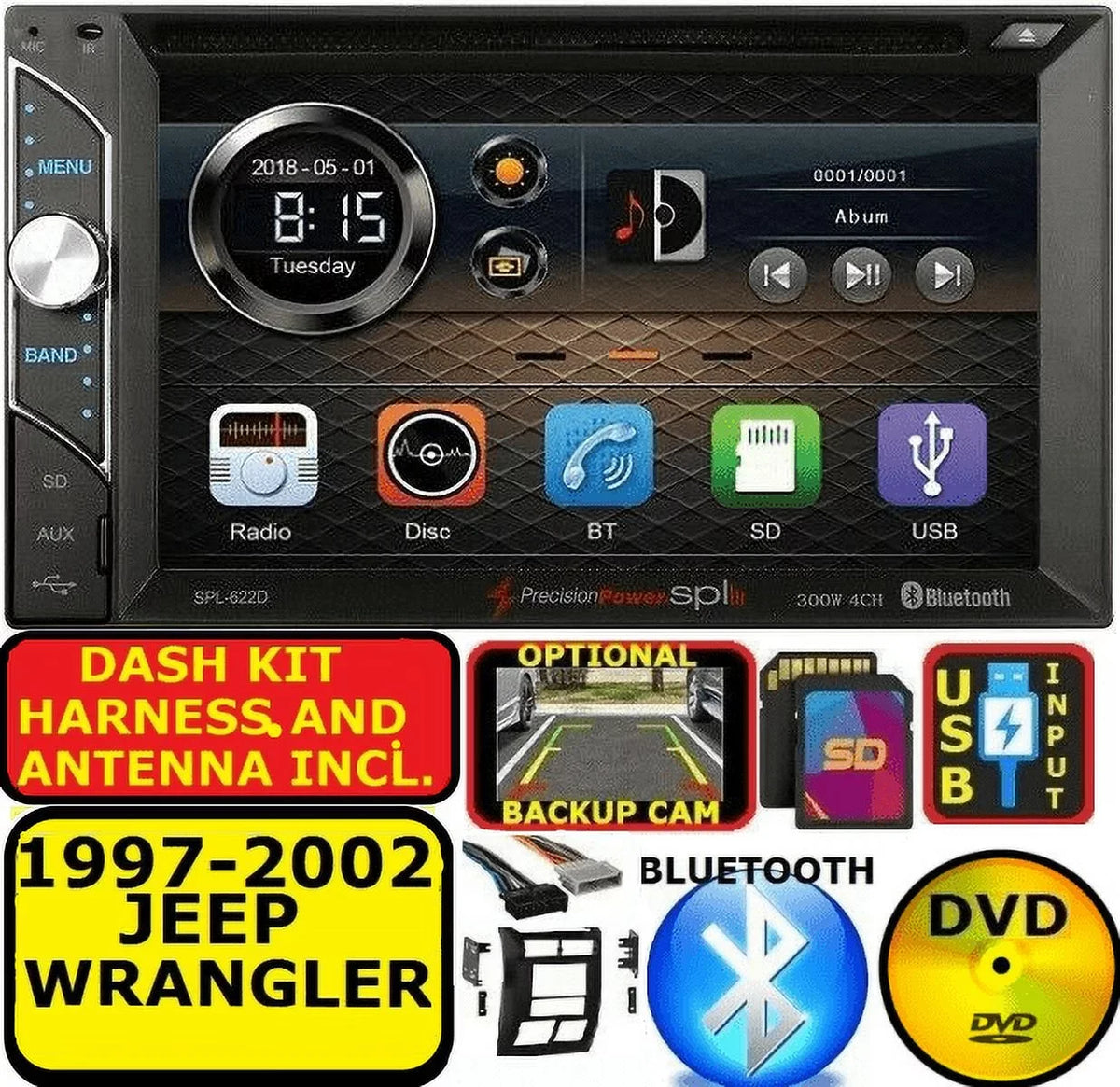 WRANGLER AM/FM JEEP 1997-2002 RADIO BLUETOOTH USB STEREO DVD BT CD AUX PKG