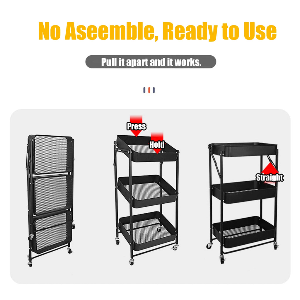 Mobile Storage Rolling Metal Multi-Function Office Folding Tier Utility 3 Foldable Rolling Storage Wheels, Cart Organizer With Cart Home for Utility Craft Cart Shelves Cart Library
