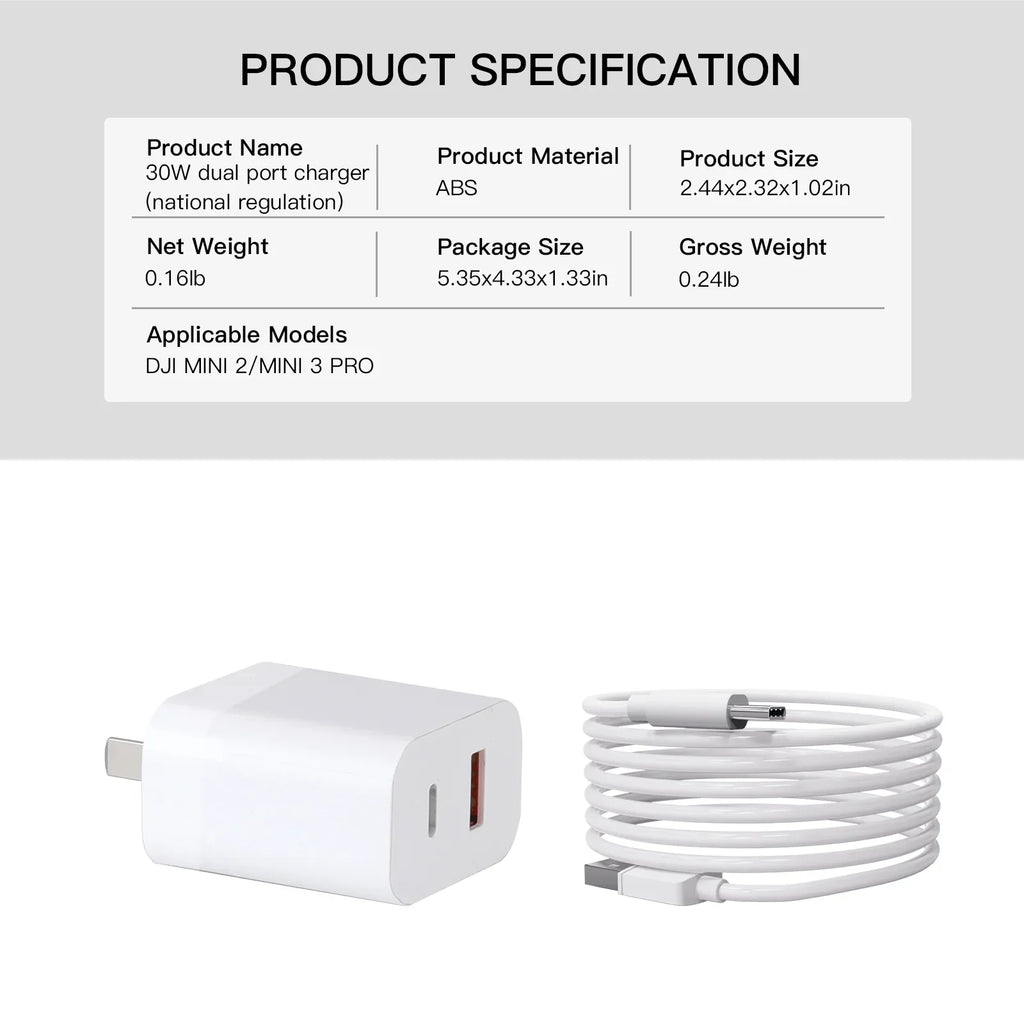 DJI with USB 3 30W Parts Charger Type-C Mini for Cable Charging Dual-Port 2/Mini Charging Pro