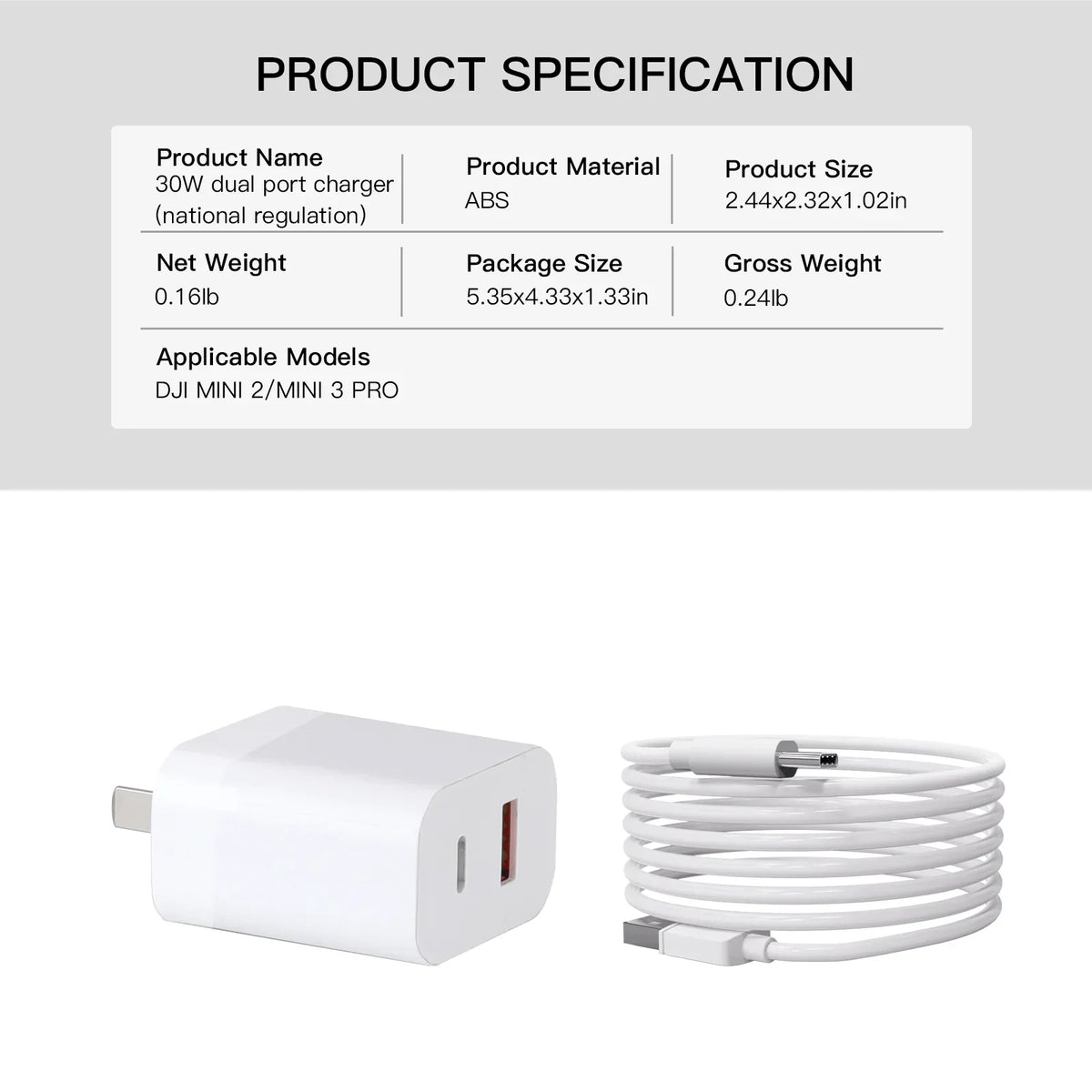 DJI with USB 3 30W Parts Charger Type-C Mini for Cable Charging Dual-Port 2/Mini Charging Pro