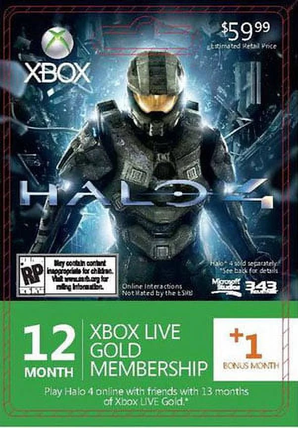 (Xbox Halo 360) 4 Card 12 Gold Xbox +1 Membership Live