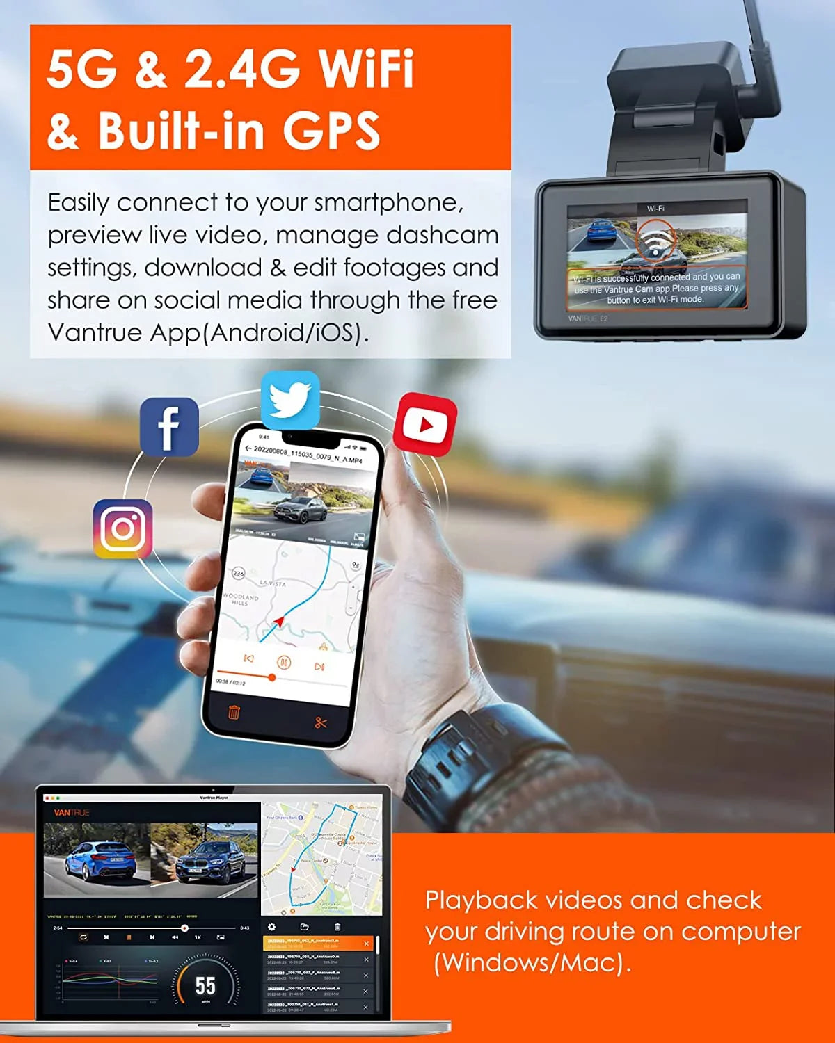 512GB GPS 1944P+1944P Control, Camera, Dash Cam Voice 2.5K Front E2 Motion Buffered with Vision, Detection, Car & Parking Night Mode, WiFi, 5G Dual Rear Capacitor, and Enhanced 24hrs Vantrue Support