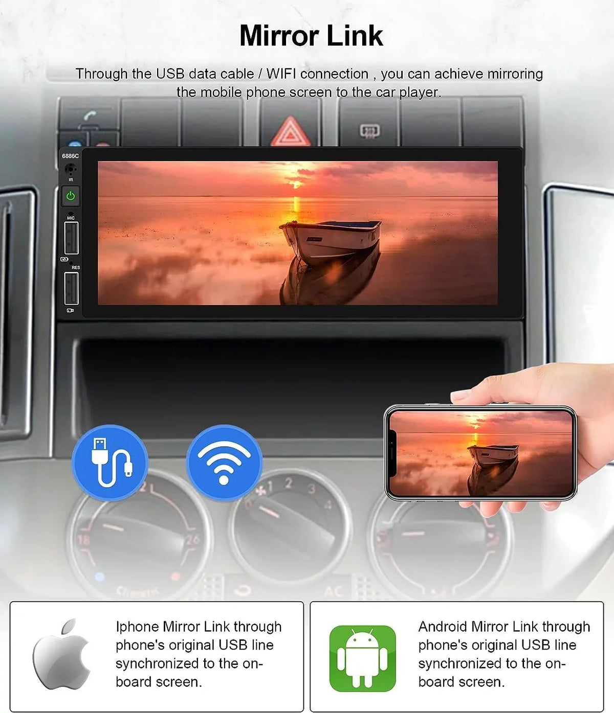 Car USB,with Podofo Bluetooth Receiver Link Mic&Backup 6.86'' HD Camera Stereo Wireless Player Single Din 1 Android Car Touchscreen Radio Carplay Mirror Multimedia Audio FM Auto MP5