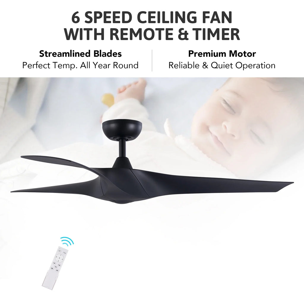 6 Speeds, Timer, Smart Blades, Black Ceiling with Control, 52" Remote 3 Fan