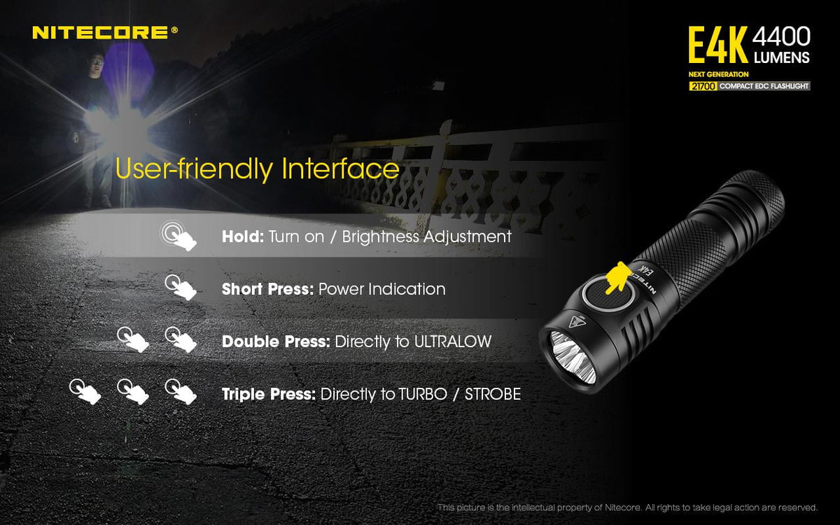Charger - Rechargeable Fast 3Amp Next generation 21700 Li-ion E4K -4400 w/Eco-Sensa Compact Flashlight NITECORE 1x Wall Lumens USB NITECORE 21700 EDC Battery Included