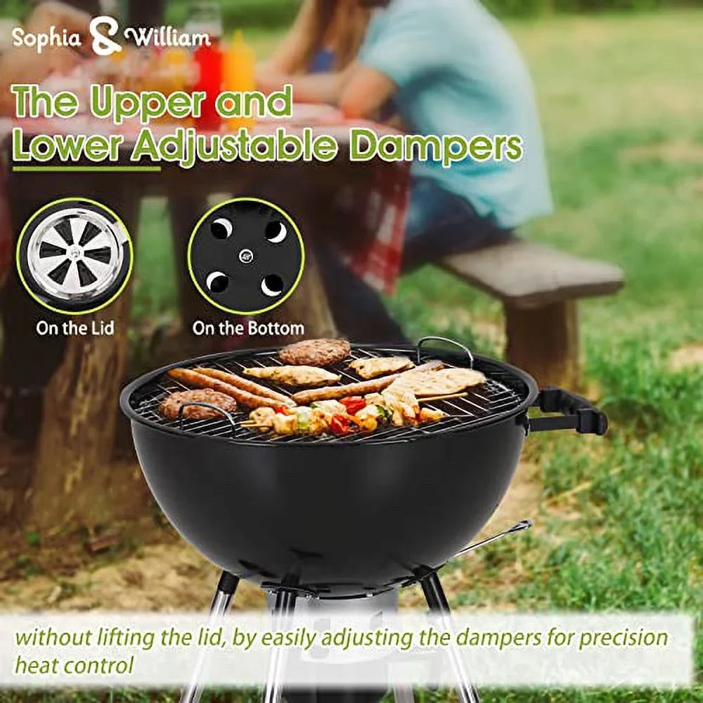 exterior with Grate, Porcelain-Enameled and Charcoal Patio Bowl, Picnic William Ash for Grill BBQ Chromeplated Catcher Lid Sophia Camping, Black & 18-inch BBQ Kettle