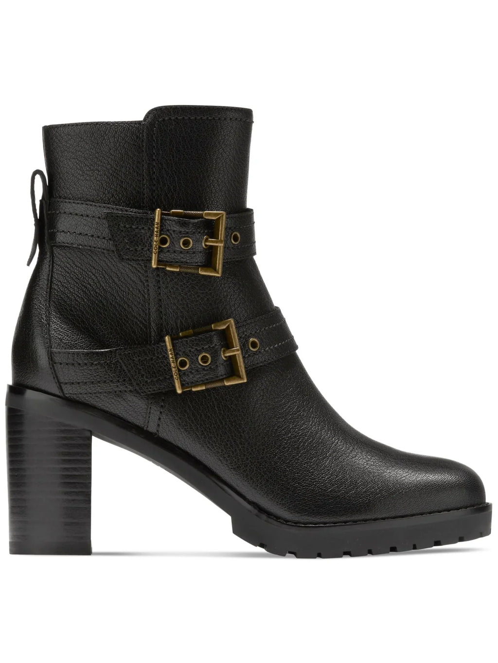 Foster Black Toe 5 Stacked Accent Almond HAAN B COLE Leather Buckle Booties Womens Zip-Up Heel
