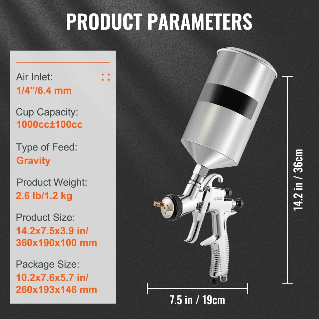 SKYSHALO Spray Gun, Steel Gravity Spray 1.8mm Nozzles, Auto 1.3mm Feed with Gun & Cup 1000cc 1.4mm Stainless Paint, Touch-Up Coat High Primer, Automotive for Clear/Top HVLP Performance Aluminum