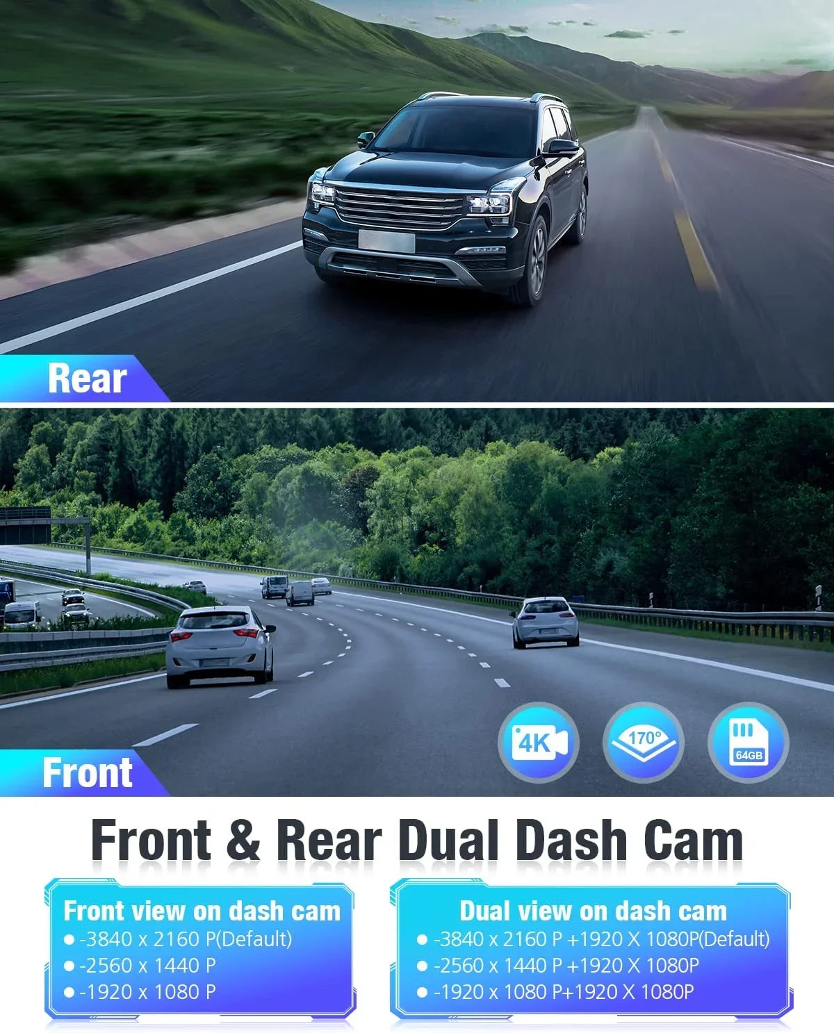 4K/2K/1080P+1080P Free with Night APP Vision, Recording, Card,WDR Loop 24h Cars OMBAR GPS 64G Rear for 5G Front Mode,170°Wide, SD Cam G-Sensor, Parking WiFi Dash and