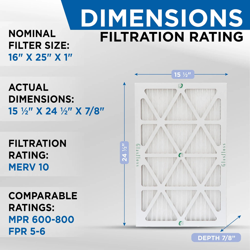 x Glasfloss. 16x25x1 Air MERV x 5 10 Exact Filters by ( 24-1/2 dimension: Pleated 15-1/2 HVAC Quantity ) 7/8