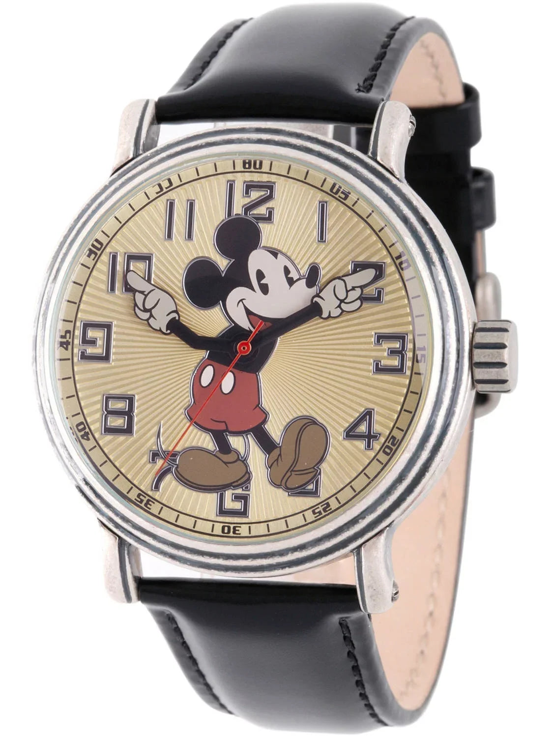 Mouse Antique Vintage Mickey Silver Strap Watch, Black Men's Leather Alloy