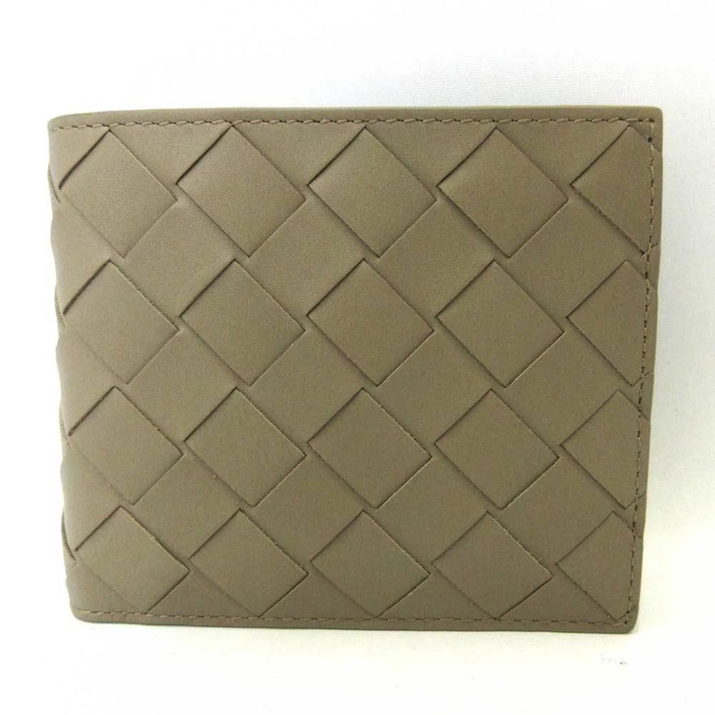 New) (Like Mini Folded Women's Bottega Wallet Calf Veneta Greige Pre-Owned Intrecciato Beige Square Men's