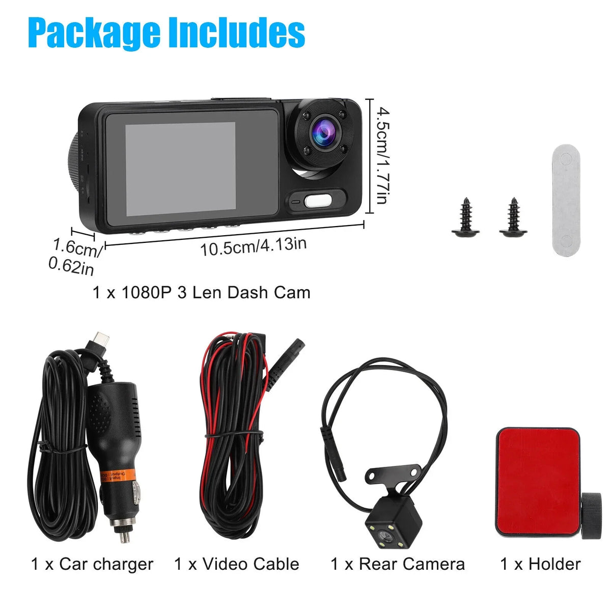 Dual Video Recorder 2" Dash 1080P Front/Rear/Inside G-sensor Lens HD Car Camera