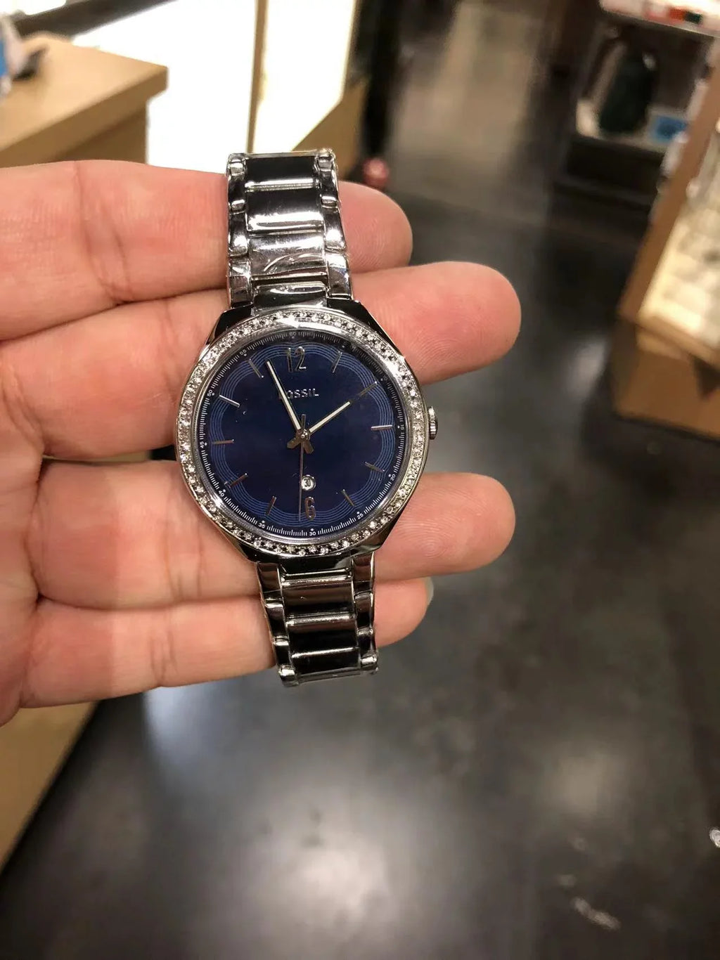Date BQ3843 Fossil Watch Three-Hand Steel Stainless Ashtyn
