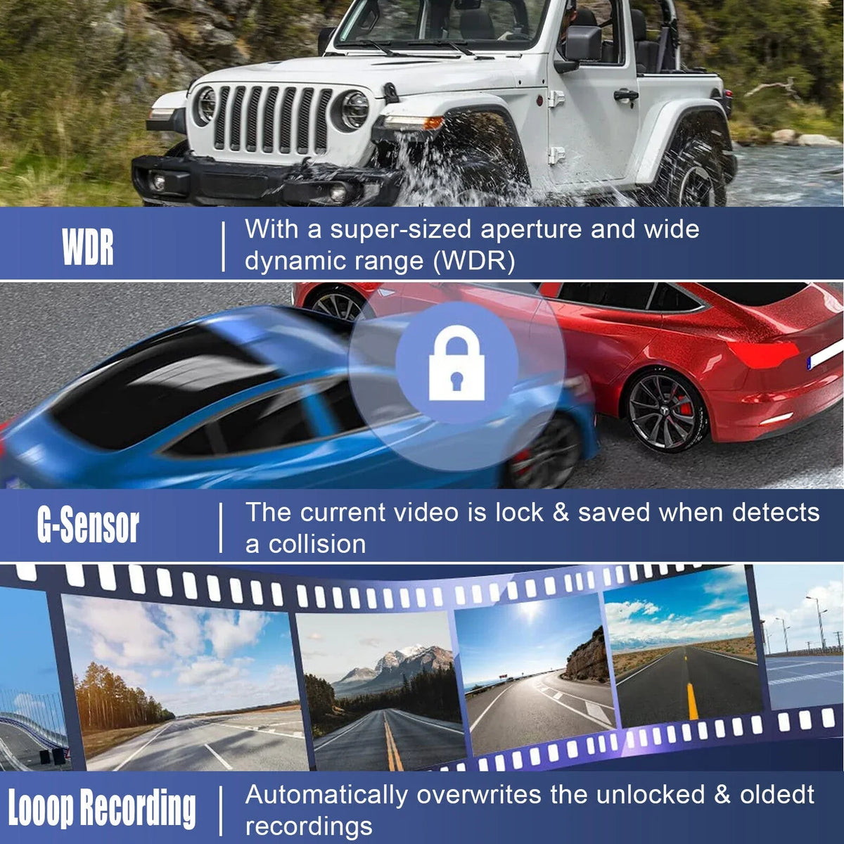 Dual Video Recorder 2" Dash 1080P Front/Rear/Inside G-sensor Lens HD Car Camera