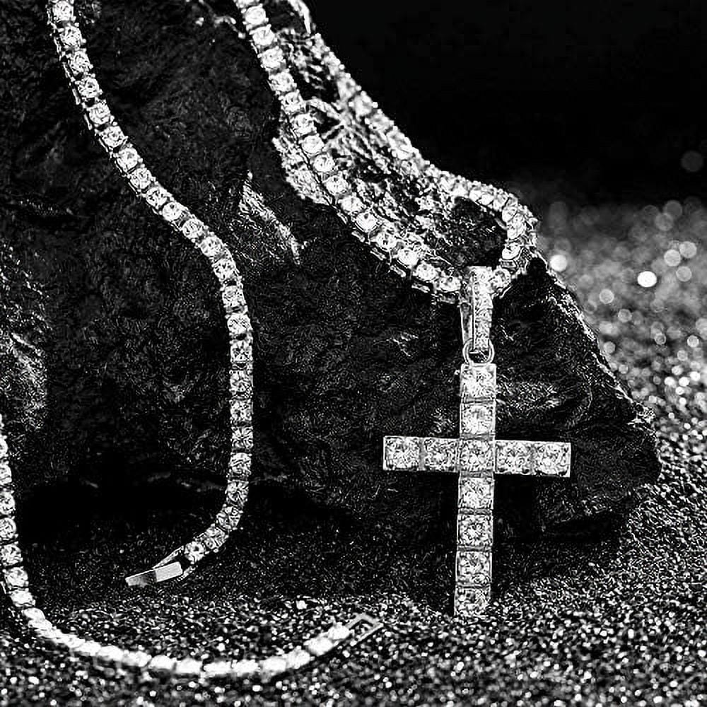 Set Wristwatch Set - (24") The Raymond Iced Cross Bracelet & Choose Shiny Tennis Out Be Out Quartz 3pc Necklace Cuban SLV ZZ Mens Luxury w/Diamond Blinged - Charles Lit Dial ST10327AR Matching