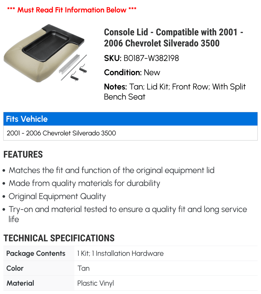 2005 Compatible 2006 Console Lid 2001 3500 with 2003 2002 Silverado Chevy 2004 - -