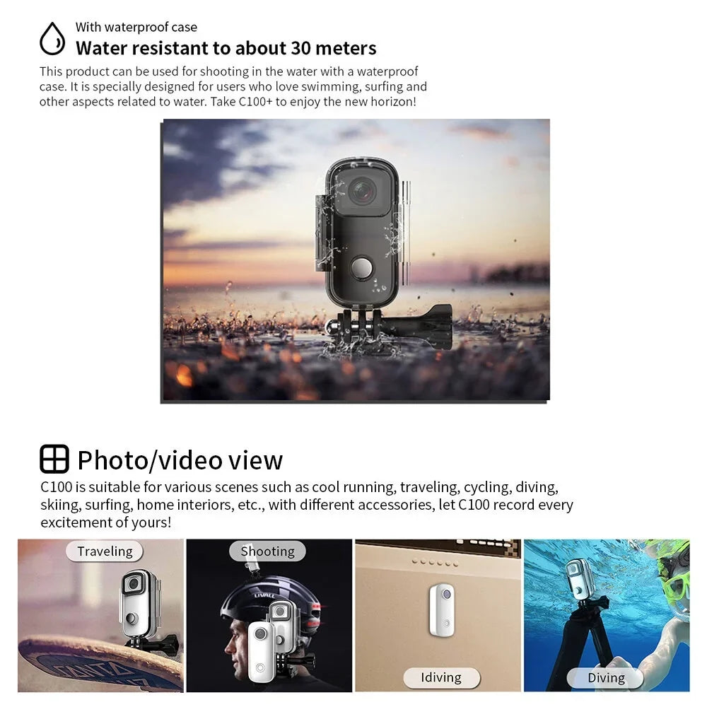 Back Video Battery Connection Mini WiFi Magnetic Waterproof SJCAM 30M Camera Action Waterproof Camera Digital with Sharing Built-in 1080P/30fps Case Clip C100 APP Body Lanyard