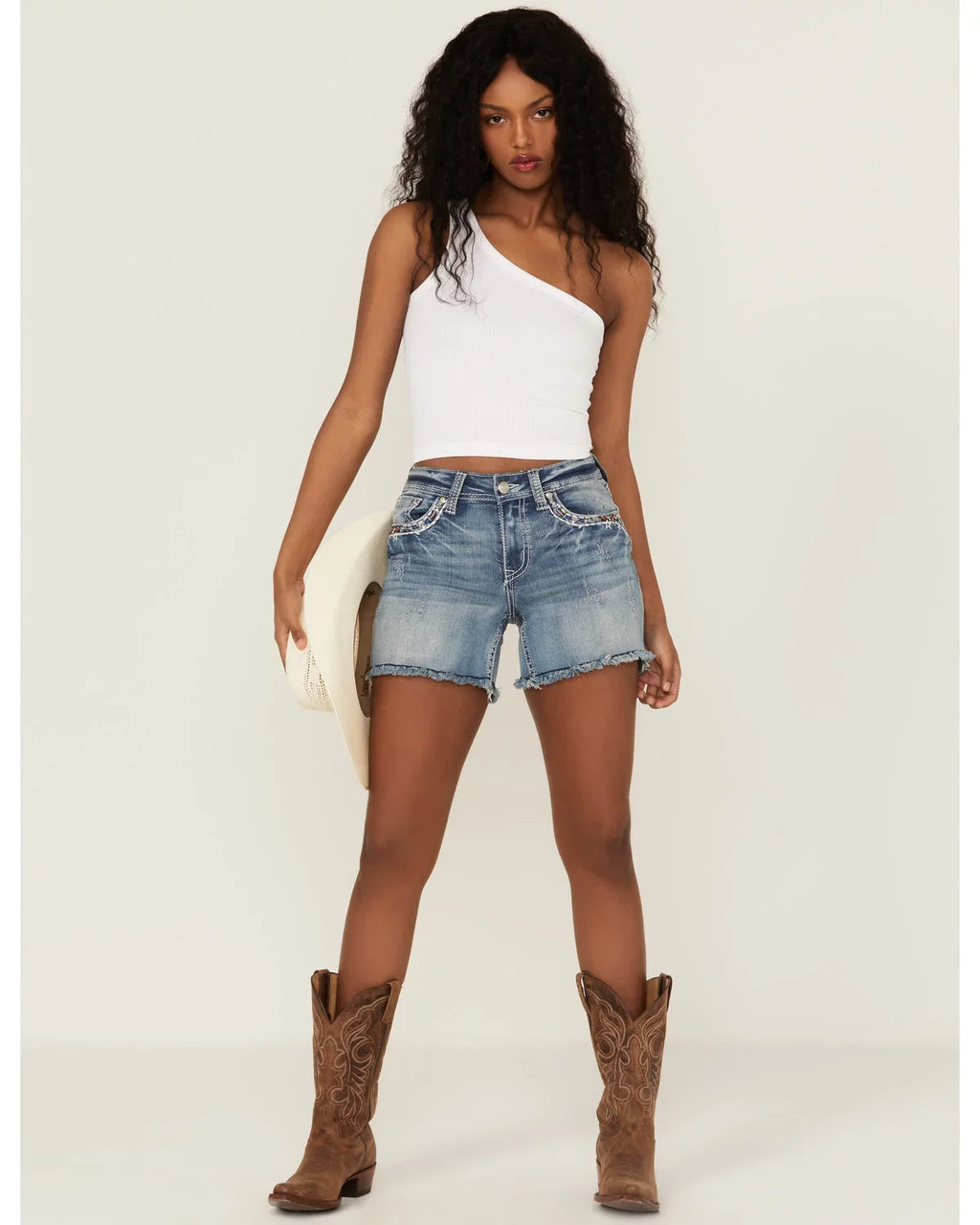 (26) Embroidered Shorts Jean Cut-Off Denim Women's Stretch Americana Distressed Grace In LA