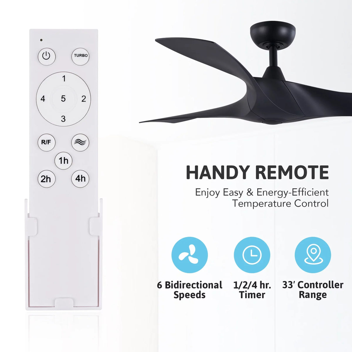 6 Speeds, Timer, Smart Blades, Black Ceiling with Control, 52" Remote 3 Fan