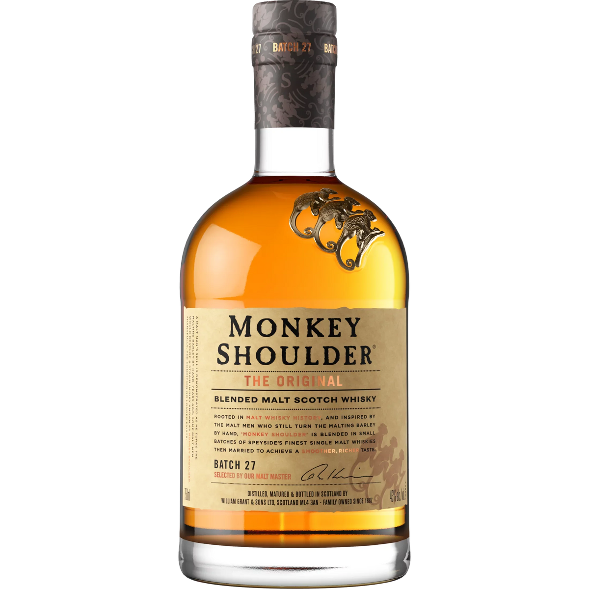 Glass Shoulder Bottle, 86 ABV Monkey Whisky, Scotch Proof 750ml 43%