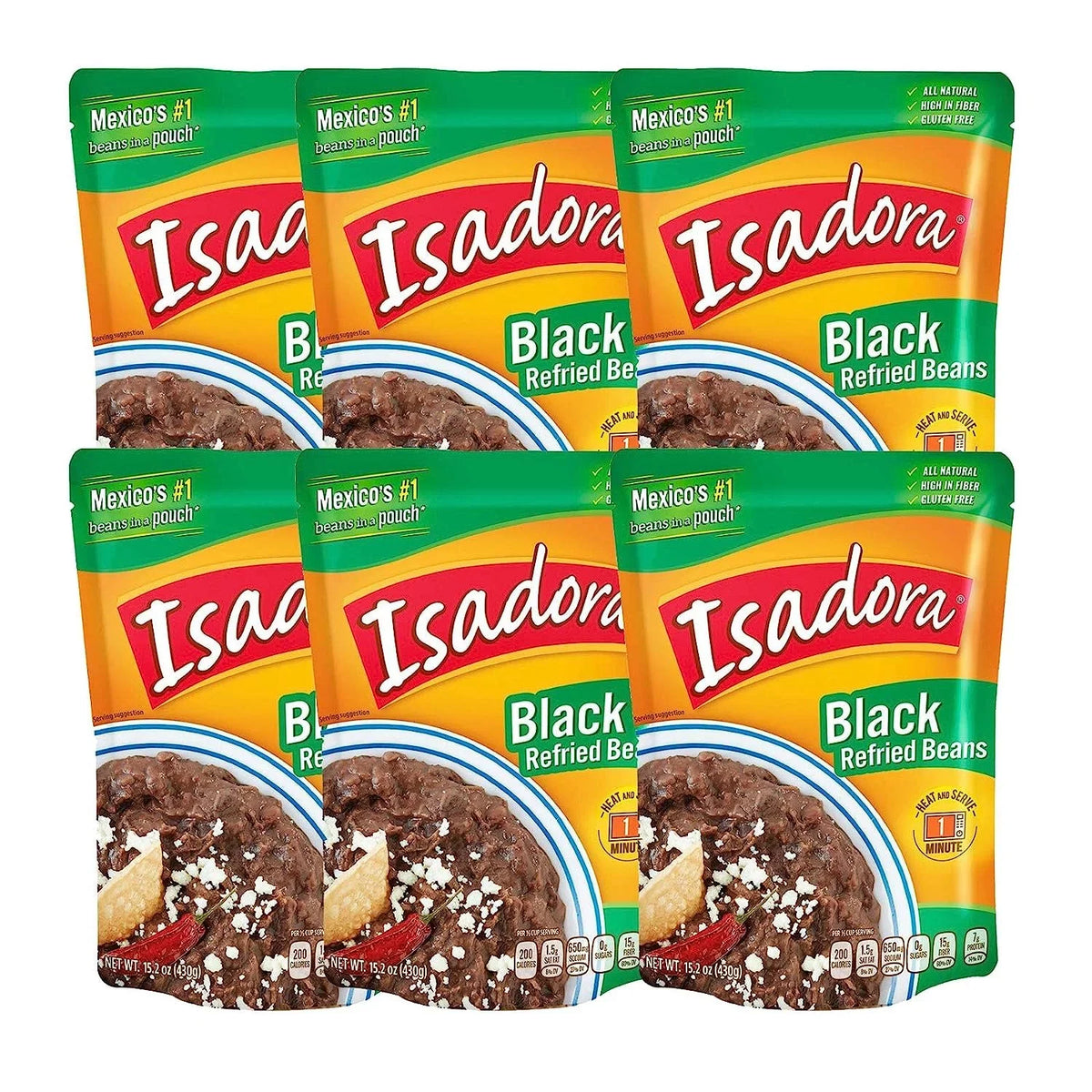 (Black Pouch 6 15.2oz Pack) Isadora Beans, Refried Beans