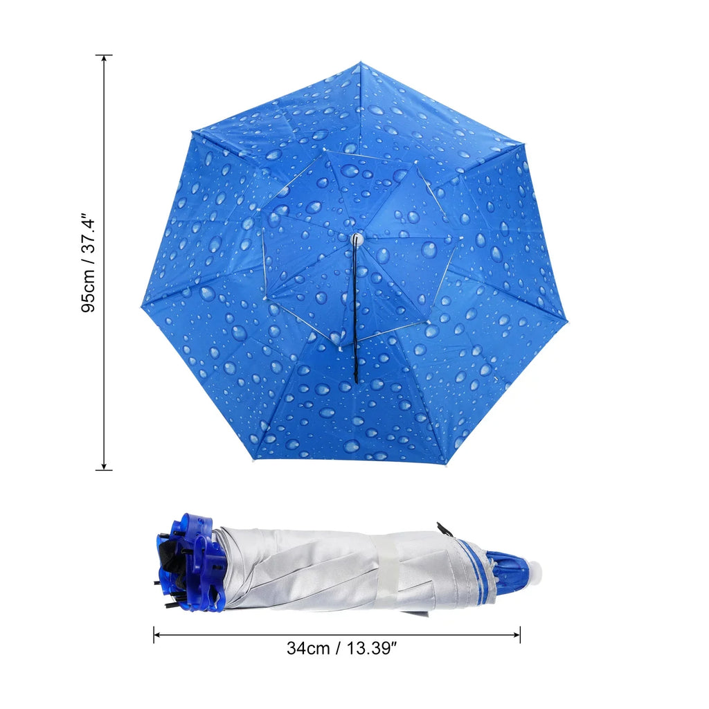Layer Cap OD Oxford Head Fabric Sun Double Umbrella Hat, 37.4" Blue with Uxcell Strip, Folding Rain