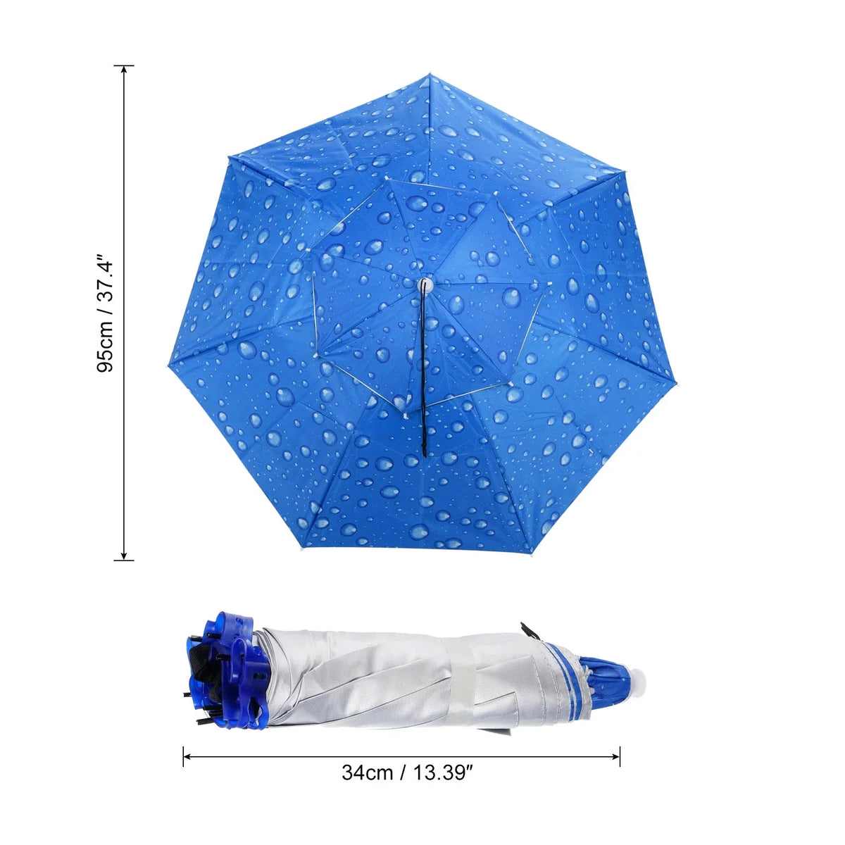 Layer Cap OD Oxford Head Fabric Sun Double Umbrella Hat, 37.4" Blue with Uxcell Strip, Folding Rain