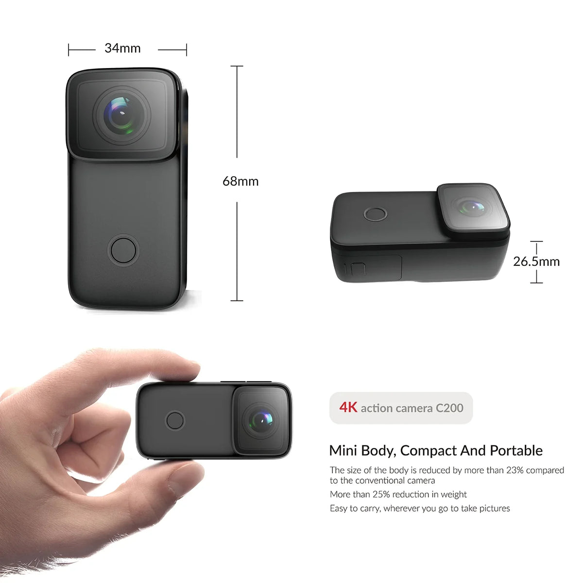 Face SJCAM C200 Screen Action Waterproof Inch Re 4K -Shake 6- Body 1.28 WiFi IPS 5M Supports with