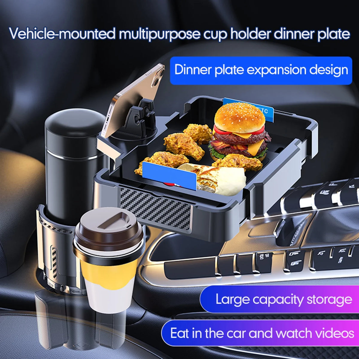 Holder Cup Dual Phone Anself Snack Tray 4IN1 Tray Car Expander with Drink Holder Adjustable