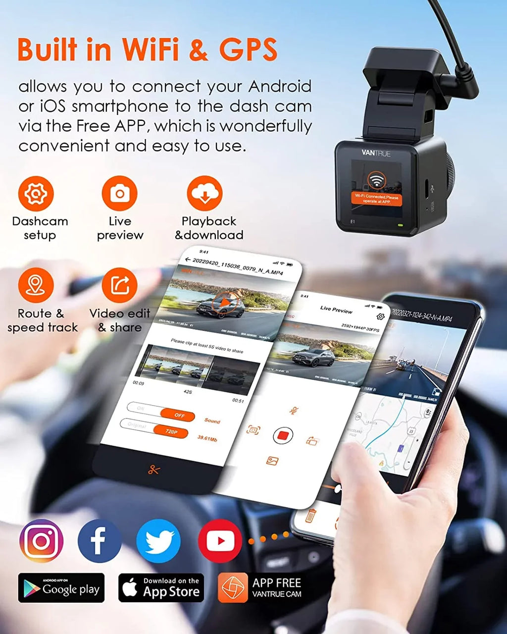 Vision, Camera, Mode, Front APP, Voice Parking GPS Detection, Control Vantrue E1 24 Max Mini Night Car Motion Support Controller, Dash Speed, WiFi 2.5K with Buffered Dash 512GB Hours Wireless and Cam