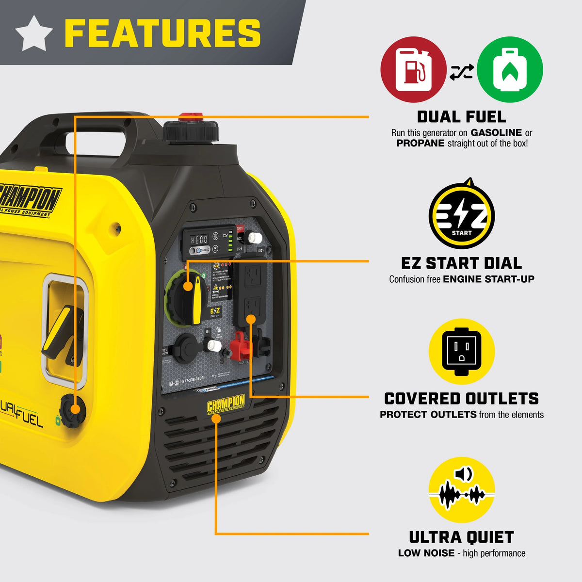 Shield Quiet 2500-Watt Dual and Power Fuel with Equipment Champion Generator CO Technology Portable Inverter
