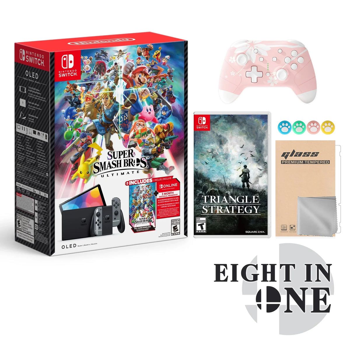 Mytrix OLED Gray Pink Switch & Super Nintendo Accessories Bros. Ultimate Super Sakura Smash Wireless and Controller Triangle Bundle: Membership Console, with Strategy Pro with Bros. Smash
