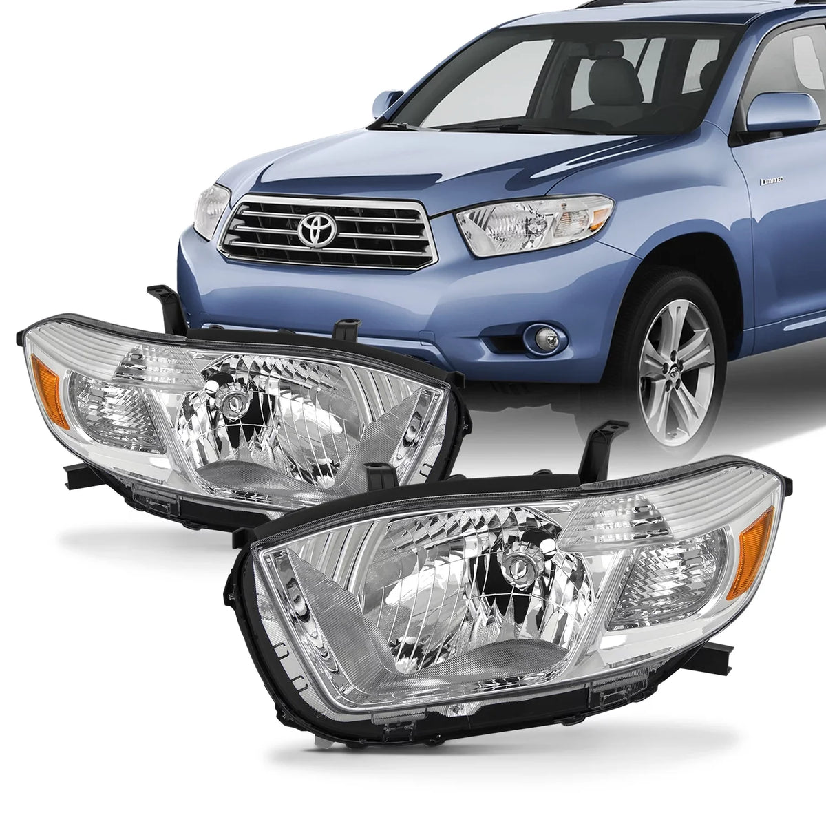 '- Fits Left+Right Pair Headlights 2008 AKKON highlander 2010 [Halogen 2009 Chrome Type] Replacement
