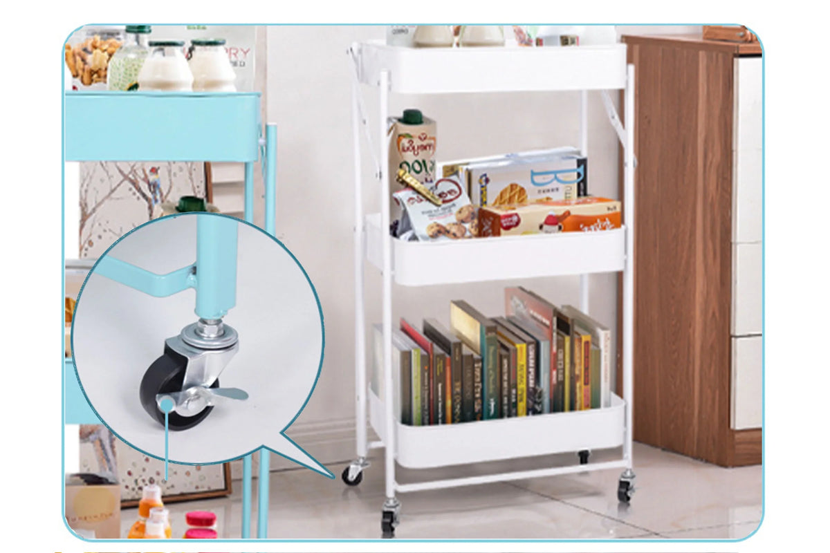 Mobile Storage Rolling Metal Multi-Function Office Folding Tier Utility 3 Foldable Rolling Storage Wheels, Cart Organizer With Cart Home for Utility Craft Cart Shelves Cart Library