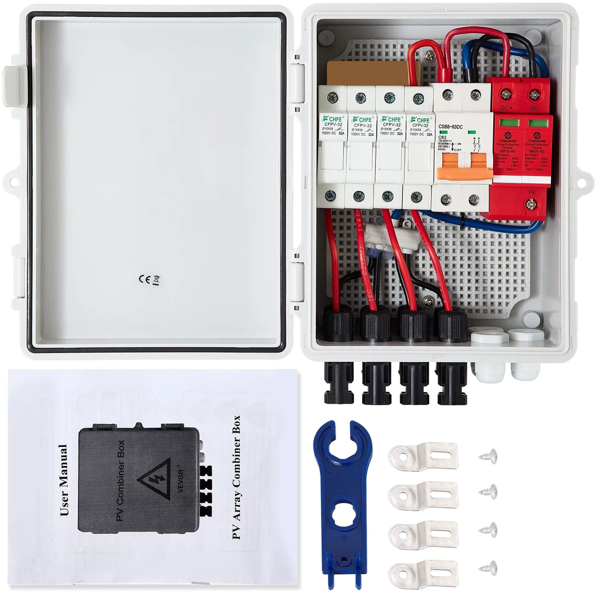 Grid Combiner VEVOR String, On Rated Breaker, IP65 Solar Box Combiner Lightning PV 15a Solar System, Panel Connector, with Off Fuse, Arreste Circuit 63a Current Box, / Waterproof for and 4 Solar