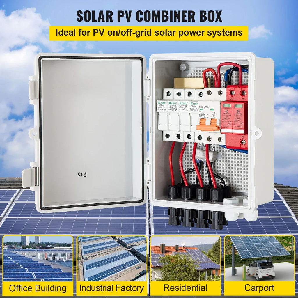 Grid Combiner VEVOR String, On Rated Breaker, IP65 Solar Box Combiner Lightning PV 15a Solar System, Panel Connector, with Off Fuse, Arreste Circuit 63a Current Box, / Waterproof for and 4 Solar
