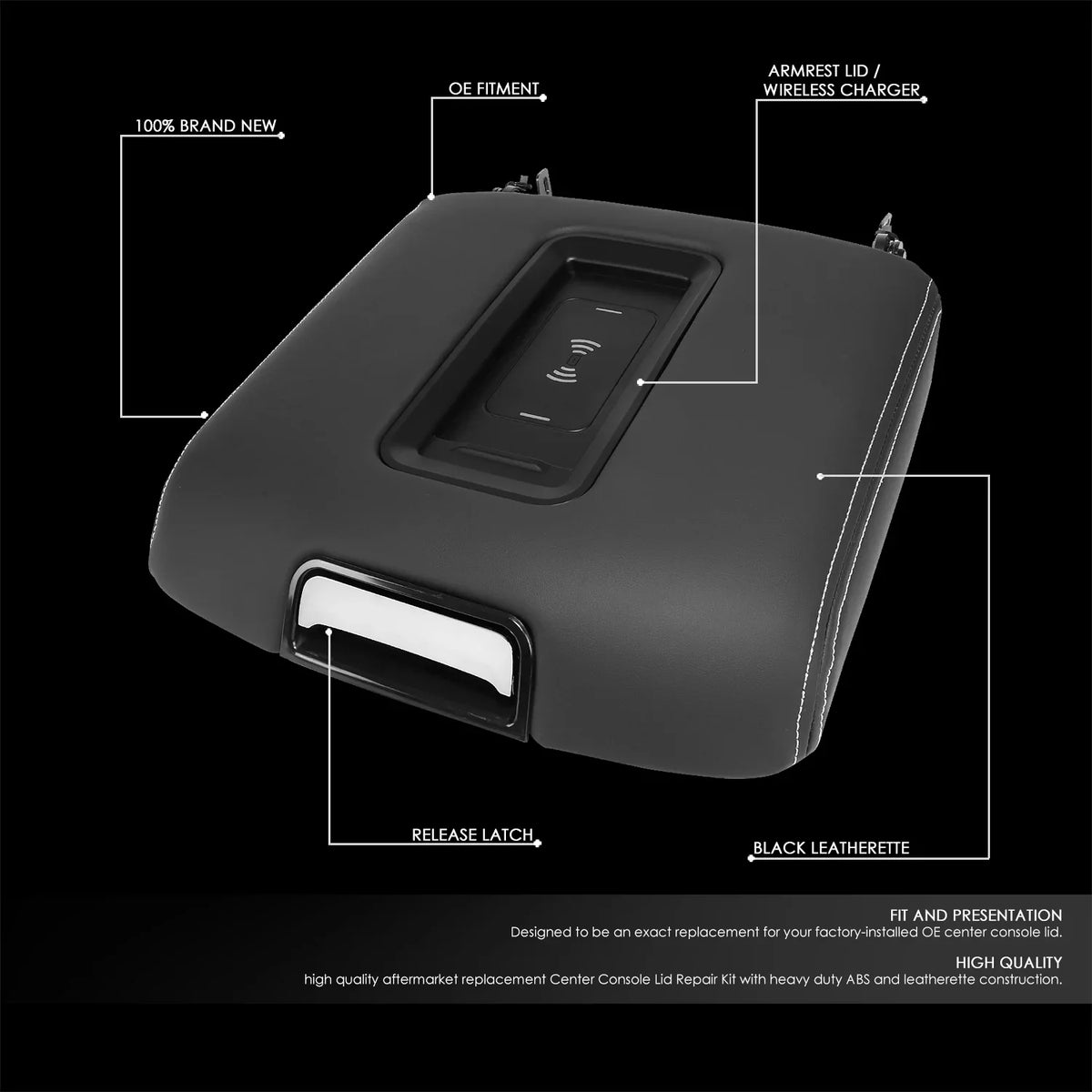 GECS-011-BK Suburban DNA GMC Lid With For Wireless Motoring Latch Center 2015-2020 Yukon Charger Console Armrest XL Chevy